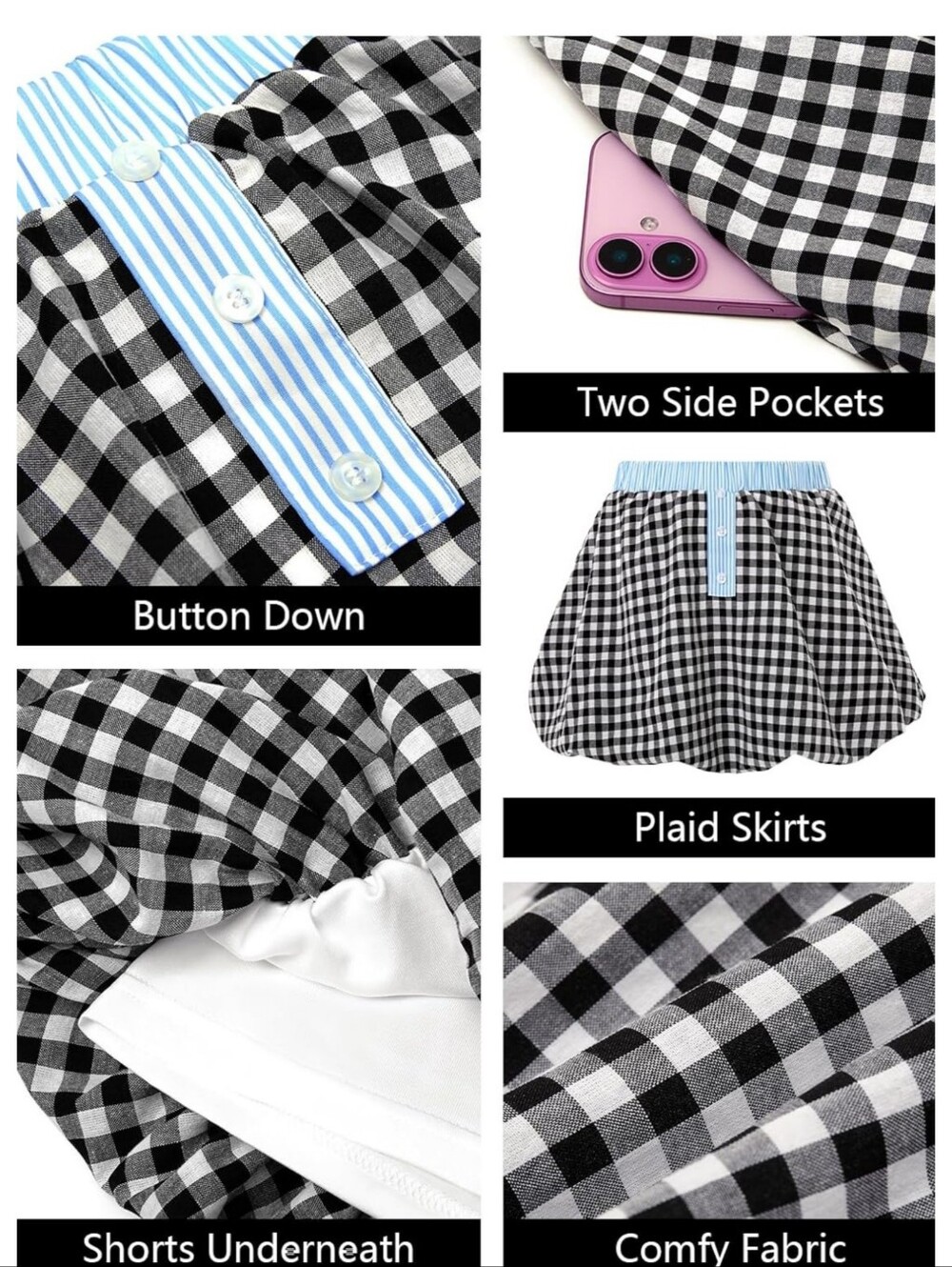 Gingham Bubble Mini Skort Black & White - Picture 4 of 15